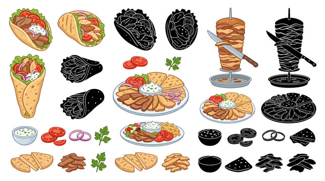 Professional Vector Collection Featuring Traditional Greek Gyros Meals with Pita Bread and Rotisserie Meat Isolated on White Background
