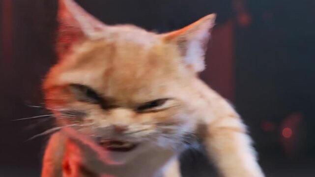 Angry ginger cat displaying intense furrowed brow and aggressive expression. Anthropomorphic feline closeup for character design or humorous pet behavior concept