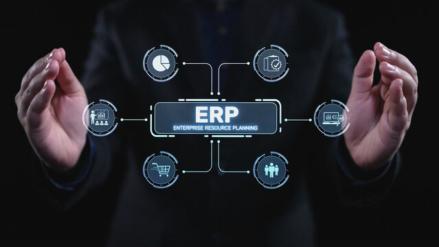 ERP platform visual showing centralized system for enterprise resource planning, improving integration, data flow, business efficiency, finance, inventory, and human resources. Elide