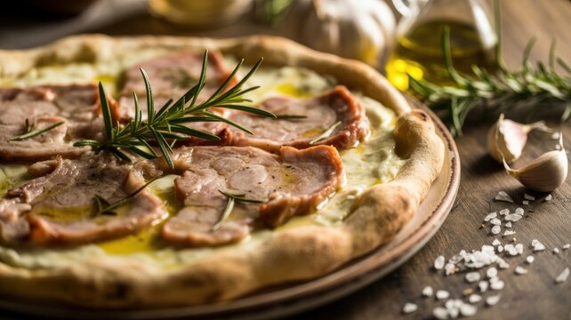 The national dish of Italian cuisine. 
Pizza con porchetta e rosmarino. Flatbread stuffed with pork roll with spices, melted cheese and sprigs.