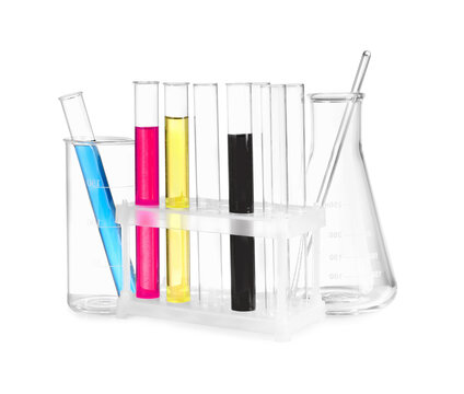 CMYK colors. Test tubes with samples in rack on white background