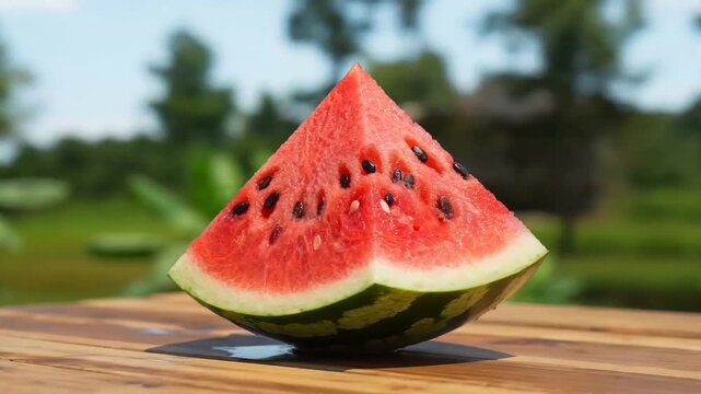 Fresh watermelon slice on wooden table against rustic outdoor background. Summer food concept with ripe fruit showing juicy red pulp and seeds in natural light