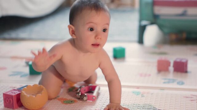 Curious baby boy crawling on play mat at home