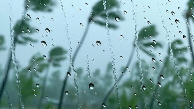 Rainy Day View: Raindrops cascade down a windowpane, blurring the view of wind-swept trees and creating a somber, introspective mood.