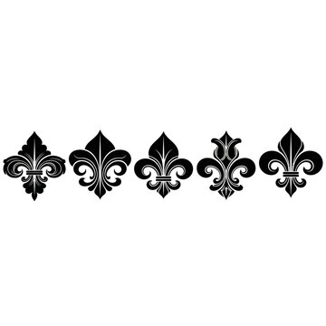 fleur de lis fleur de lys heraldic symbol traditional design and ornamental pattern five black minimalist emblems on white.