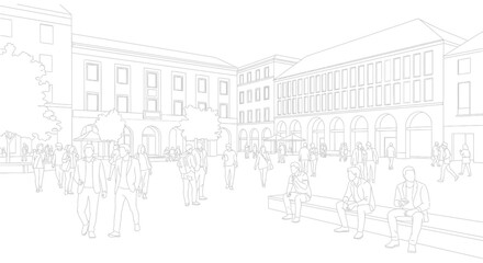 Fototapeta premium city life an urban scene showing people walking and relaxing in a public square presented as a detailed line art illustration.