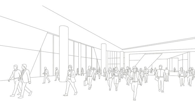 busy business people walking through a modern convention center lobby illustrating active corporate life and urban mobility