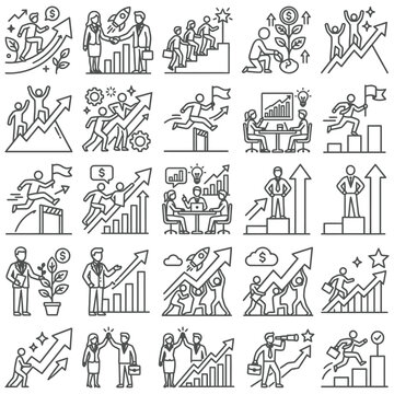 business success and career growth icons showing achievement teamwork and personal development for corporate strategy and motivation.