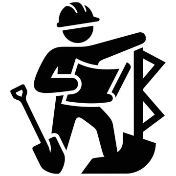 construction worker icon in a hard hat holding blueprints standing with shovels symbolizing engineering planning and building projects.