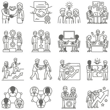 diverse people business partnership and teamwork icons illustrating collaboration growth concepts and corporate strategy for success.