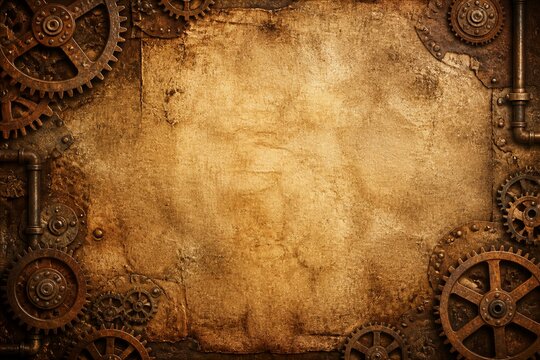 Rusty mechanical gears framing aged parchment background texture