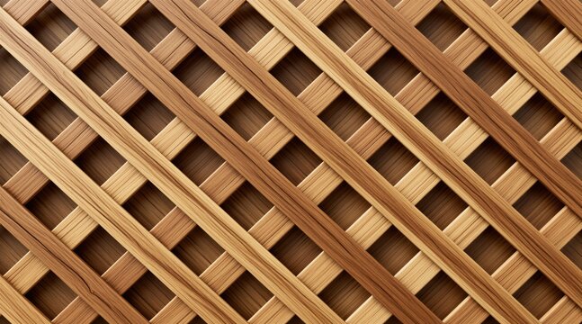 Seamless brown wood lattice texture with diamond grid pattern. Wooden planks create diagonal mesh structure for decorative background. Natural timber panels overlay in crisscross geometric design.