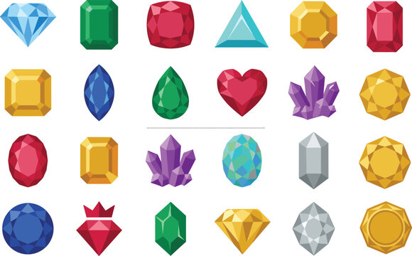 Colorful Gemstone and Crystal Flat Vector Icon Collection for Jewelry and Luxury Design