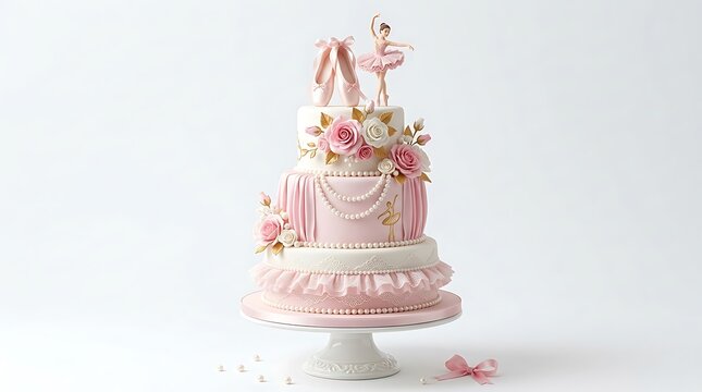 Elegant ballet themed birthday cake with pink decorations with accents figurines