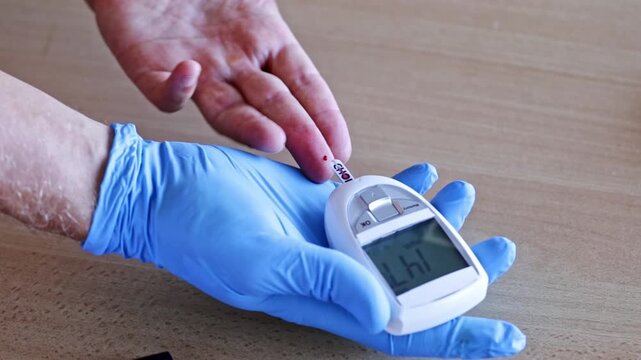 Close up of a medical professional wearing blue gloves using a glucose meter to measure a patient's blood sugar, applying a blood drop from the finger to the test strip