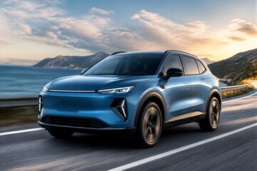 Obraz premium Car suv driving along coastal road at sunset seaside highway