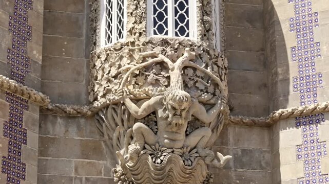Mythological triton sculpture representing the creation of the world. A stunning architectural detail of the romanticist pena palace in sintra. Portugal