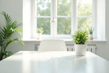Fototapeta premium Minimalist white office desk with green potted plant chair natural light peaceful workspace interior design modern home office
