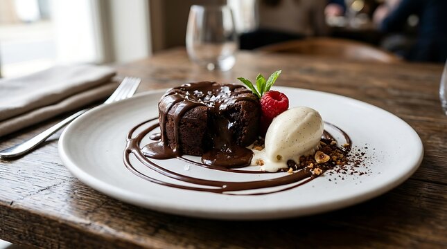 Decadent chocolate lava cake with vanilla ice cream with cream berries garnishes