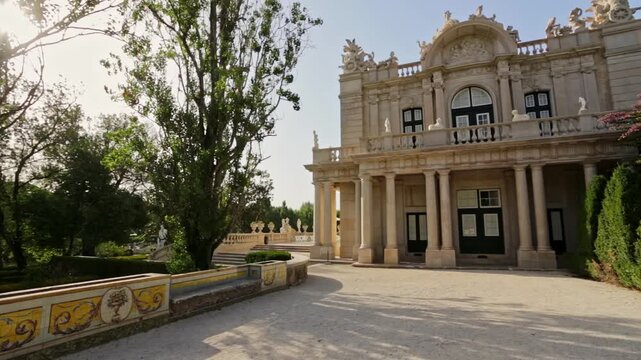 Sunny afternoon view of the music pavilion facade at the historic queluz national palace and its magnificent formal gardens, an 18th century royal residence in sintra, portugal