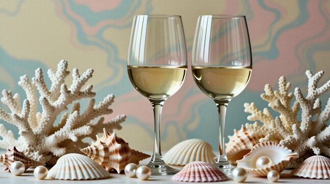 Two elegant wine glasses stand on table with white corals, sea shells. Light alcoholic beverage rests near pearls in coastal theme composition. Relaxing summer vacation atmosphere creates serene mood