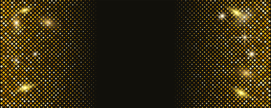 Gold disco glitter with black background golden and pattern yellow abstract. Geometric party dot with retro halftone luxury and shiny celebration glowing.