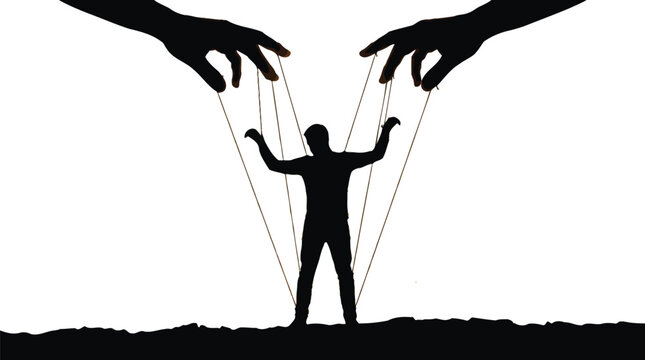 Minimalist vector illustration showing a silhouette of a person controlled by large mysterious puppet hands