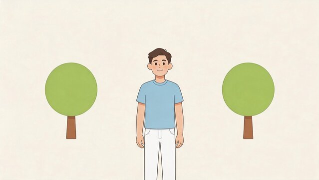 Cartoon man standing between two trees