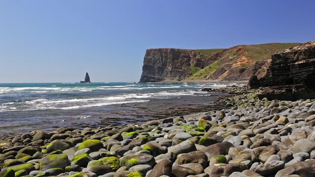 Dramatic cliffs and a solitary sea stack on the vicentina coast in sagres, portugal, with atlantic ocean waves washing over a mossy pebble beach on a bright, sunny day with clear blue sky