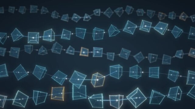 Blockchain cubes glowing wireframe blocks linked in a digital data network seamless loop in vibrant cyan tones