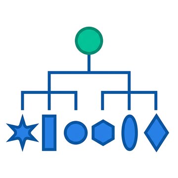 Hierarchical tree diagram graphic with various geometric shapes hierarchy structure icon isolated on white background