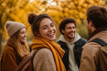 Fototapeta premium Young adults laughing and socializing in autumn park