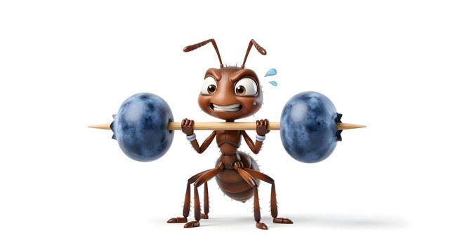Strong Cartoon Ant Weightlifting Blueberry Barbell Fitness Concept
