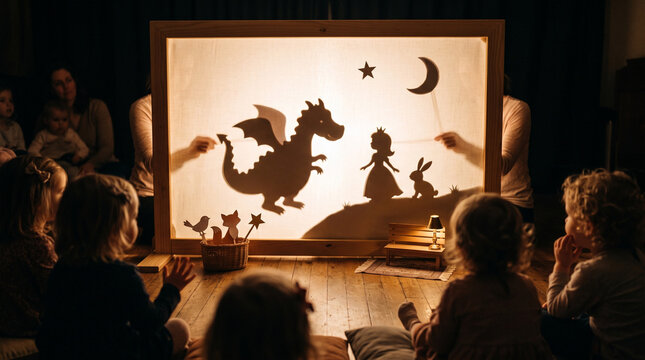 Woman putting on a shadow theater performance for a group of children. Fairy tale silhouettes of a dragon, princess and rabbit on a screen. Creative educational storytelling activity.
