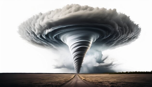 a cinematic shot of a tornado with dramatic lighting casting shadows within the storm clouds all isolated on a simple white background