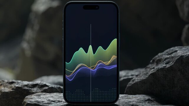 Medium shot of a smartphone screen in dark mode displaying a stock quote lookup with blurred background highlighting focused app interface details.