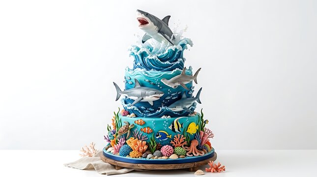 Vibrant shark themed birthday cake with ocean decorations with decorated ocean