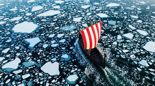 Ancient wooden Viking longship with red white striped sail navigates through freezing arctic ocean waters. Traditional scandinavian drakkar vessel moves across broken sea ice floes. Historic maritime