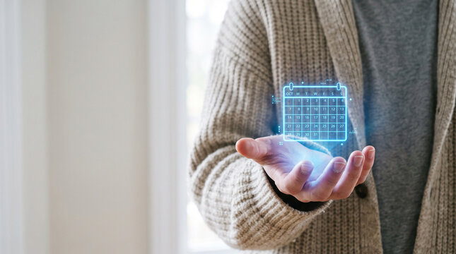 Asynchronous communication work from home digital calendar in hand with glowing virtual interface and cozy indoor light