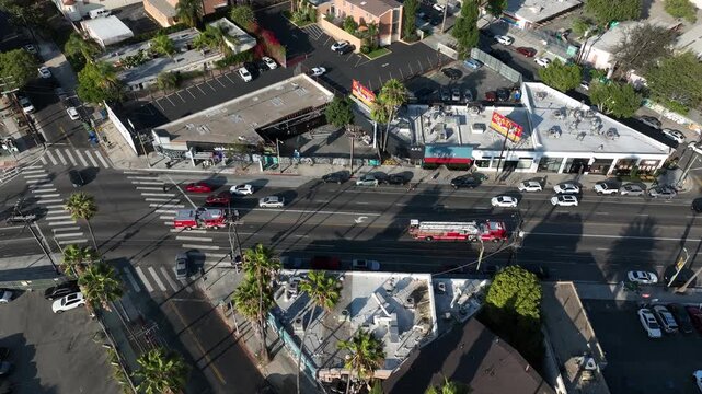 Los Angeles, California, USA - June 18, 2026: Los Angeles Fire Department engines respond to an emergency on Sunset Blvd.