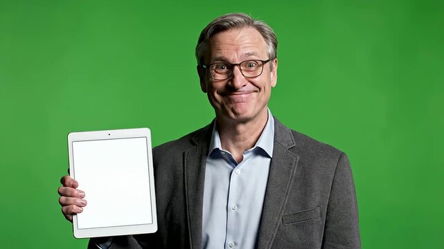 Cheerful Data Analyst Presenting Digital Tablet Against Green Screen Background as Breakthrough Moment in Analytics