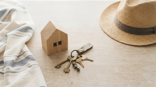 Flat lay of wooden house model, keychain, and straw hat on light wooden surface with striped cloth. Natural lighting creates soft shadows for clean composition.