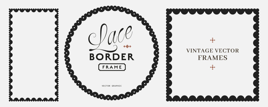 Black border frame with lace vintage scrapbook and circle square elegant. Retro scallop edge with cute label invitation and card framework crochet.