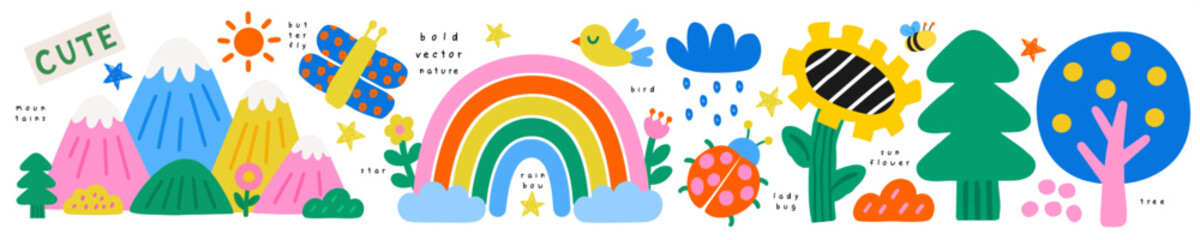 Naklejka na ściany i meble Nature. Vector isolated cute bold children's illustrations of mountains, a rainbow, a bird, a ladybug, a sunflower, a spruce, a tree, a bush, a cloud, and a butterfly on a transparent background for k