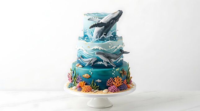 Whale themed birthday cake with underwater ocean scene with multi tiered whale