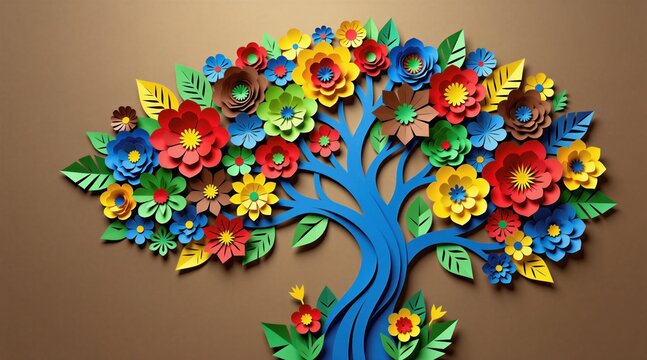 Decorative paper tree with vibrant colorful flowers, green leaves on brown background. Creative floral art work features blue branches blooming with bright blossoms. Artistic plant design represents