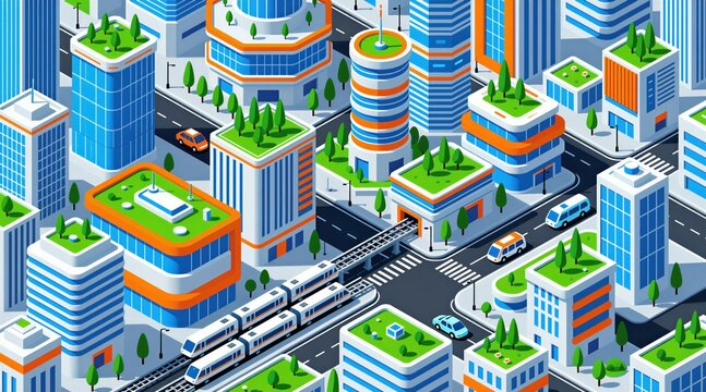 Isometric view of futuristic city with modern buildings, green rooftop gardens. Colorful skyscrapers stand along streets with cars, railway transport lines. Digital urban infrastructure design