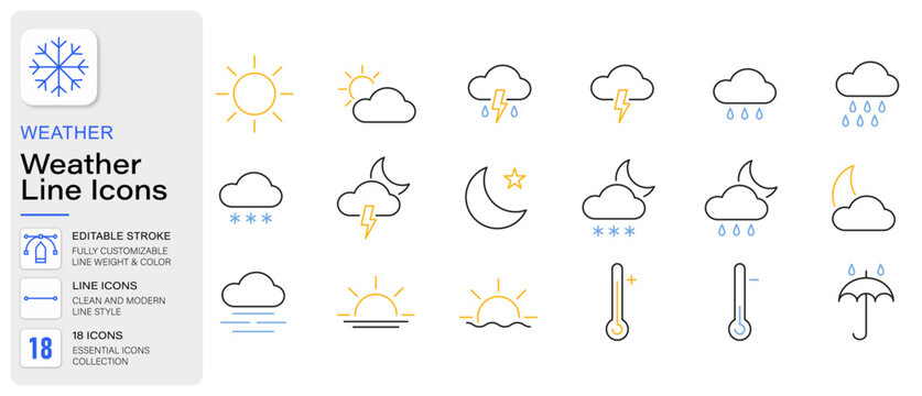 Weather, climate forecast and meteorology icons. Sun, cloud, rain, thunderstorm, snow, temperature, sunrise and night conditions line icon set. Editable stroke. Vector illustrations.