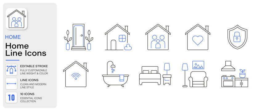Home, residential property, household and interior icons. Family housing, home security, smart living, bathroom, bedroom and kitchen line icon set. Editable stroke. Vector illustrations.