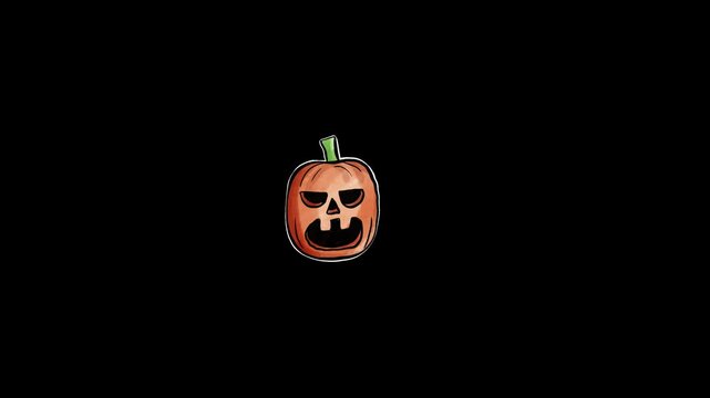 Hand drawn jack-o-lantern pumpkin. Spooky Halloween vegetable illustration on black background.